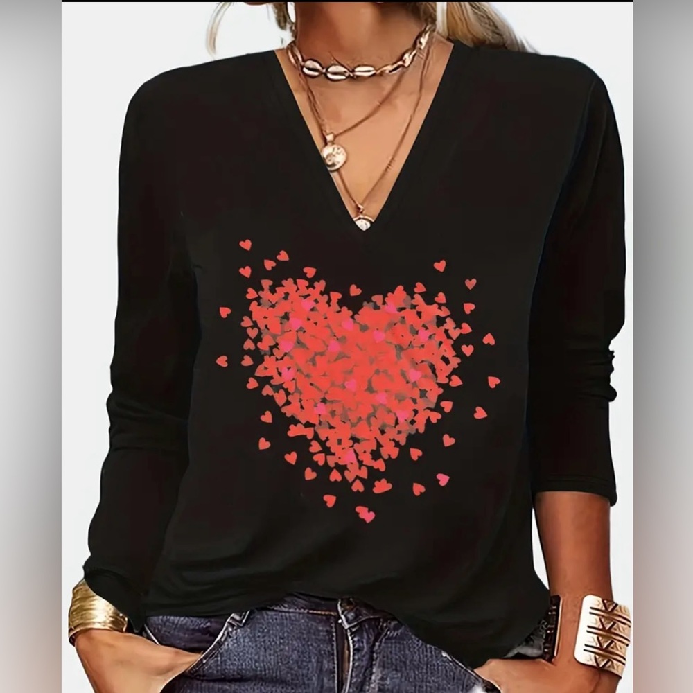 Chic Black V-Neck Top with Red Heart Design